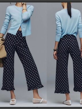 ANTHROPOLOGIE THE COLETTE RUFFLE-HEM CROP WIDE-LEG PANTS BLUE SIZE 28 NWT